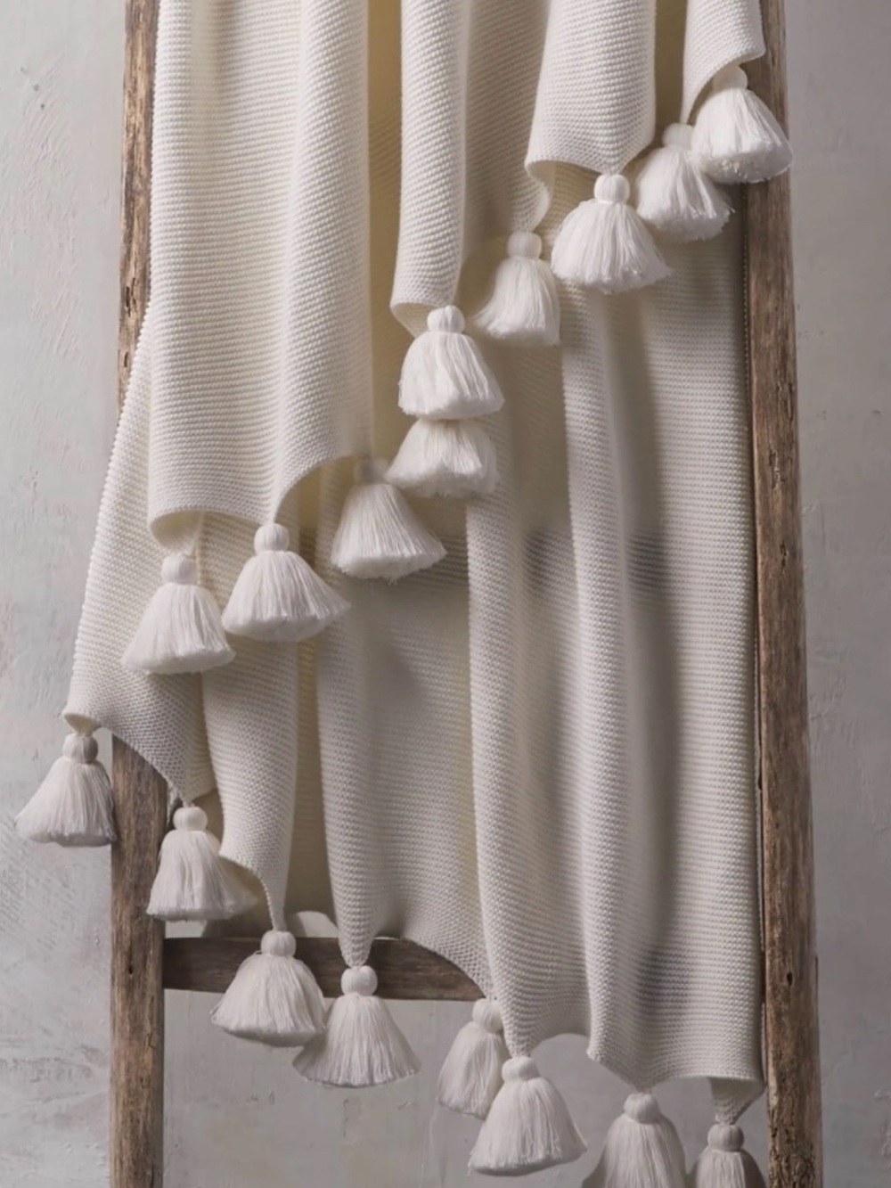 Arhaus Ivory Knit Pom Pom Tassel Throw Blanket